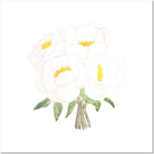 white peony bouquet flowers  ink and watercolor Posters and Art